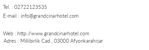 Afyon Grand nar Hotel telefon numaralar, faks, e-mail, posta adresi ve iletiim bilgileri